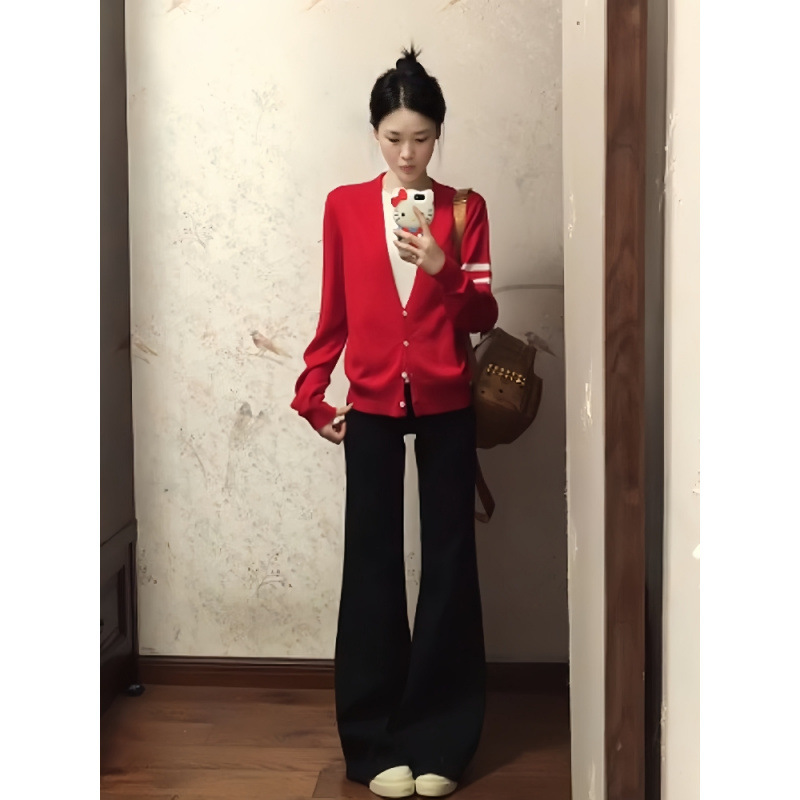 超火ootd穿搭一整套秋季慵懒风假两件针织开衫微喇牛仔裤两件套潮|undefined