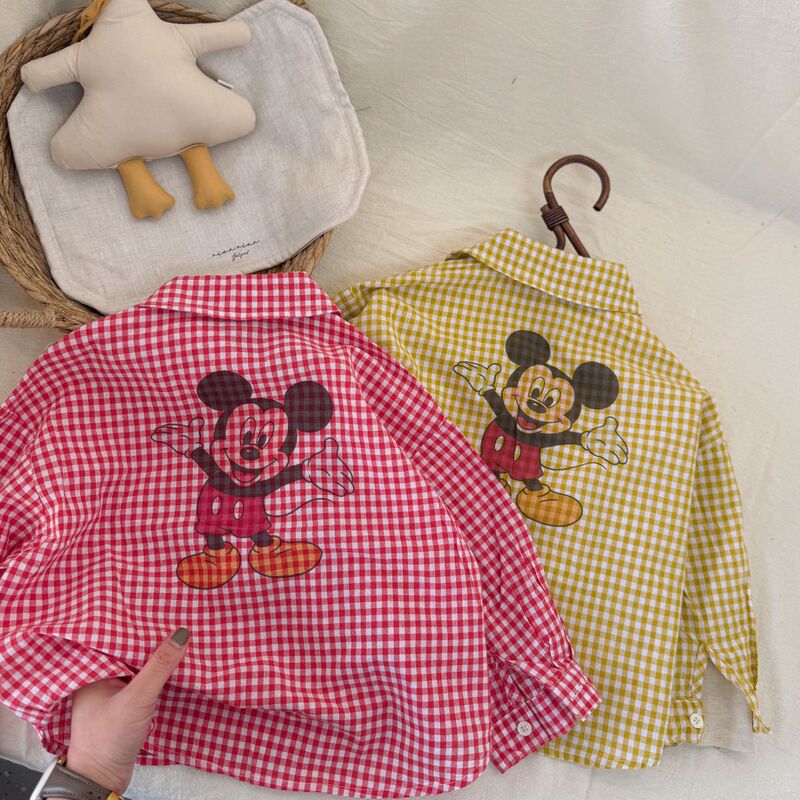 2026 Children's Mickey Print Plaid Shirt Spring and Autumn Style Boys and Girls Loose Fit Collared Shirt with Mickey Pattern on the Back
