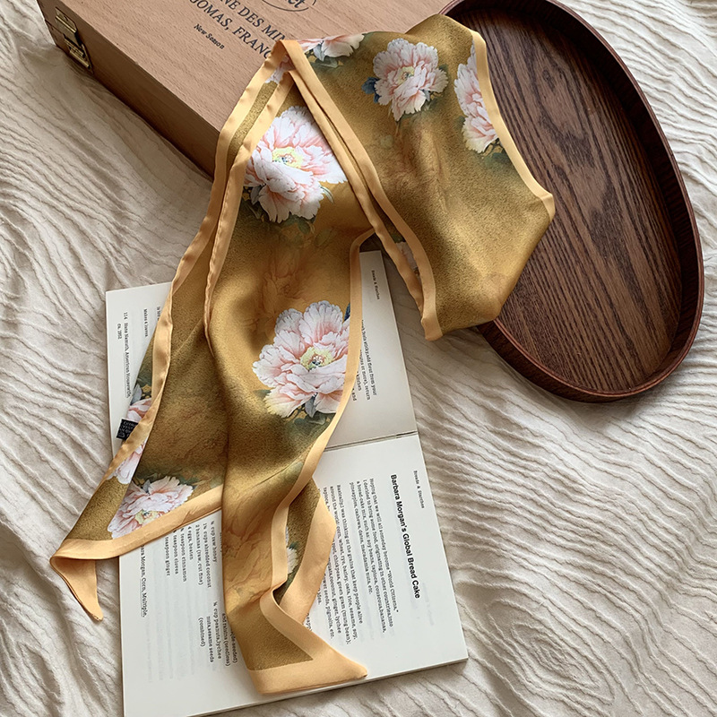 Bufanda de seda para mujer, tira larga, camisa a juego de moda de alta gama, bufanda estrecha, cinturón para el cabello atado, cinturón de cinta de bolsa atada de todo fósforo