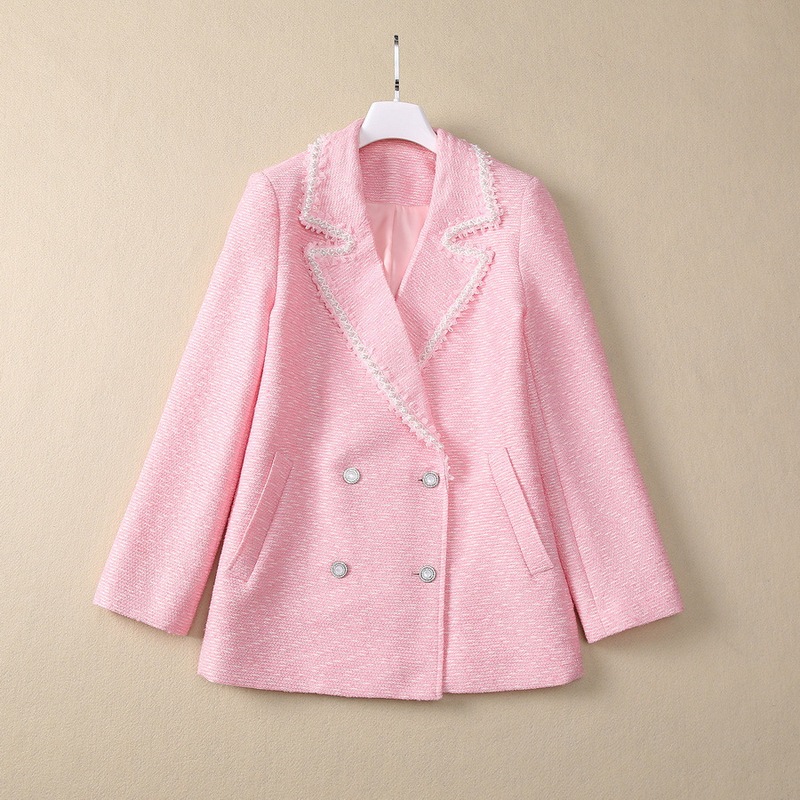 Chanel-Style Pink Mid-Length Coat for Spring, Autumn, and Winter, Thin and Loose-Fitting Women's Clothing with Pearl Trim and Double-Row Rhinestone Buttons