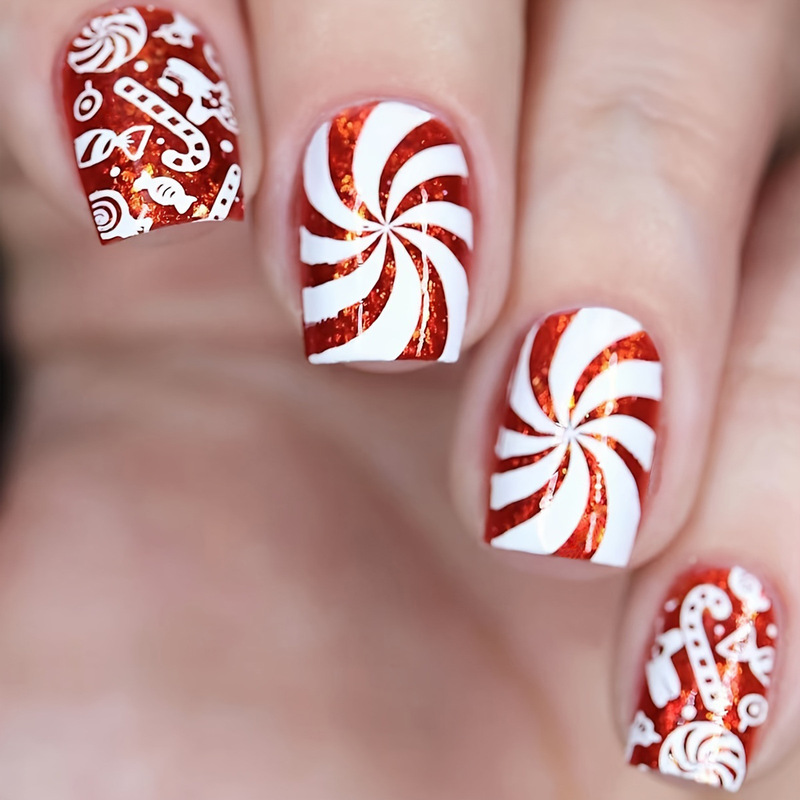 Christmas Candy Spiral Pattern Red Glitter Simple Design Wear Nail Art Patch Removable Fake Nail