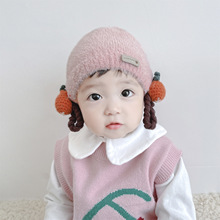 秋冬新款兒童帽子嬰幼兒卡通橘子小辮護耳針織帽寶寶毛線帽保暖帽