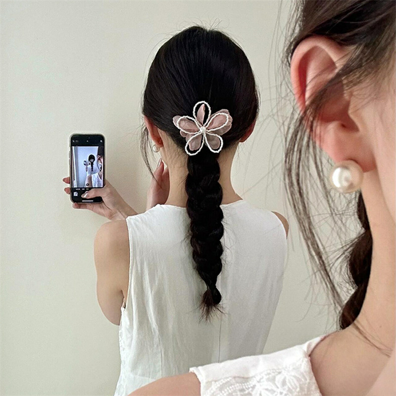 2024 Coréen nouvelle fleur en maille douce épingle à cheveux douce, accessoire de cheveux en perles, coiffe, pince à bec de canard, pince latérale_voghion.com