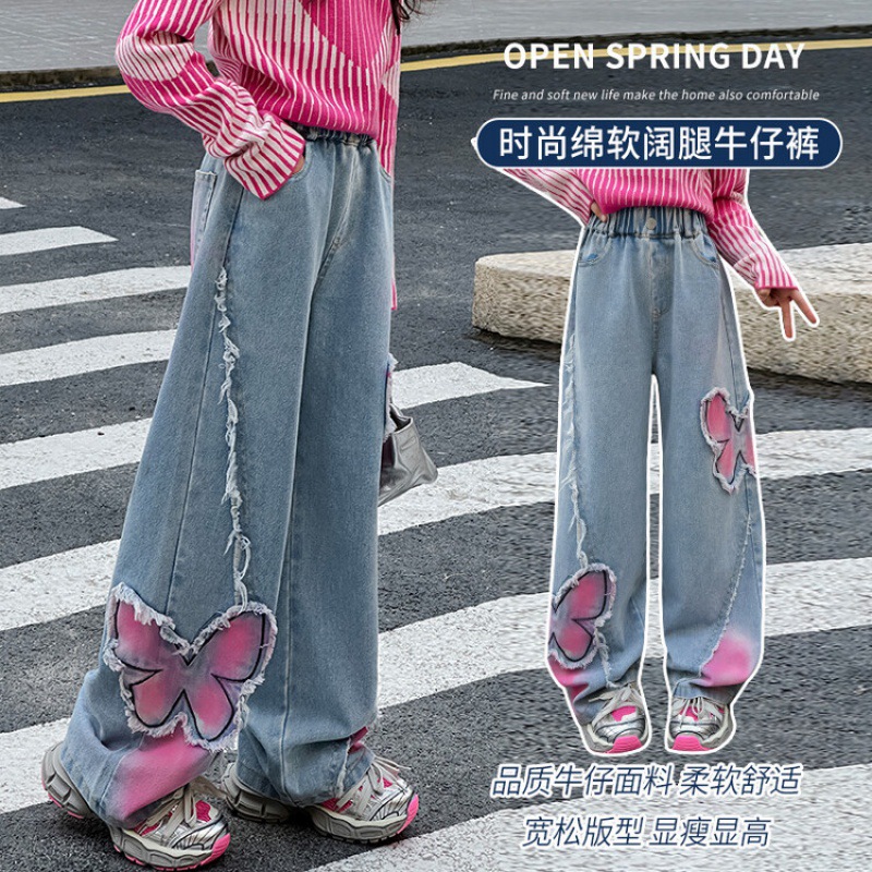 亞馬遜女童牛仔褲2024春秋新款中大童個性潮范春裝寬鬆闊腿褲批發