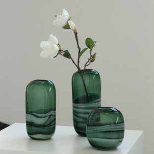 Bixuan Factory Direct Modern Creative Ink Pattern Handmade Glass Vase Small Mouth Dark Green Vase Decorative Flower Vase