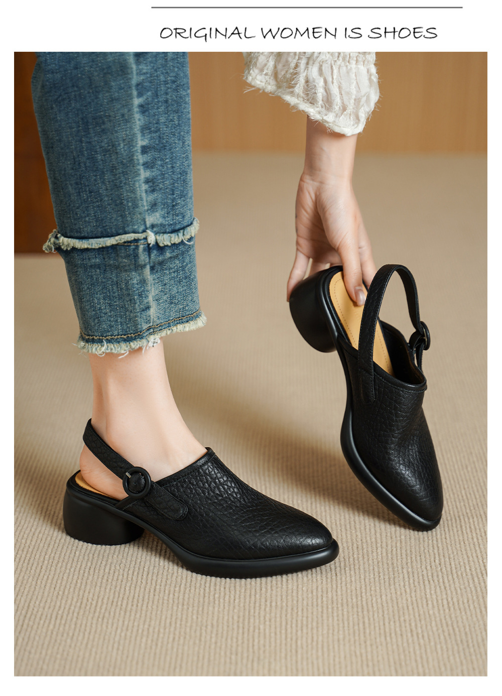 Sandal nữ da dê mũi tròn gót vuông cao 7 cm quai ngang khóa một chữ — đen chi tiết 3