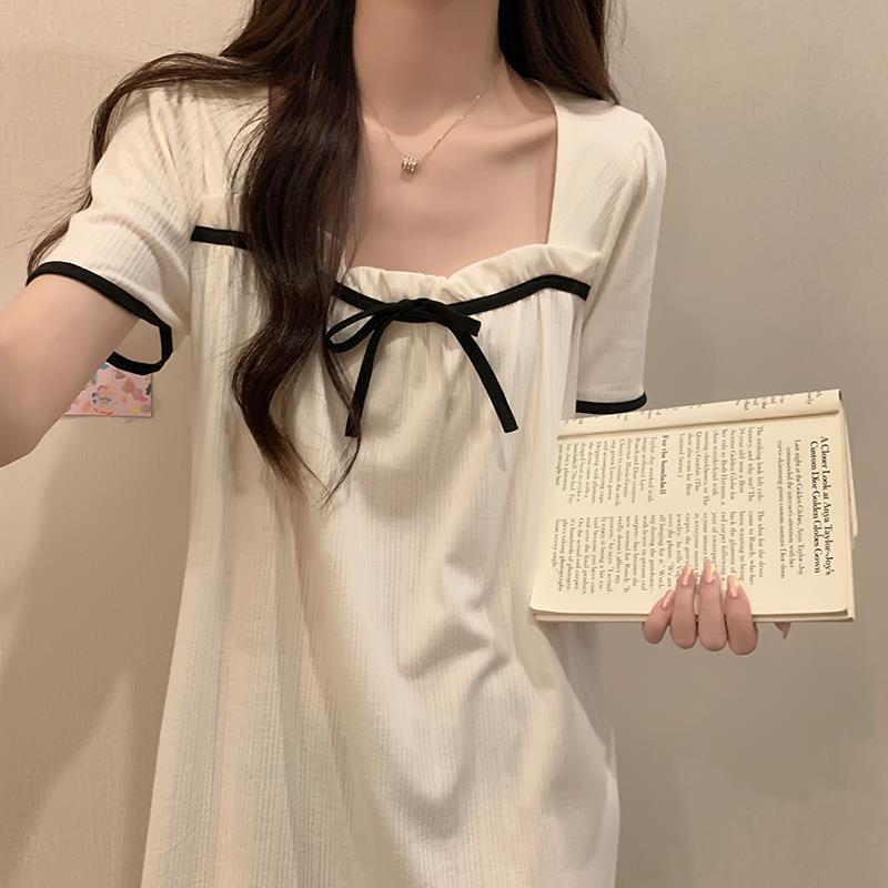 Plus Size 150kg Short-Sleeved Bow Nightgown Lace Women's Summer Sweet Student Dormitory Home Wear Pajamas Plus Size 150kg Short-Sleeved Bow Nightgown Lace Women's Summer Sweet Student Dormitory Home Wear Pajamas