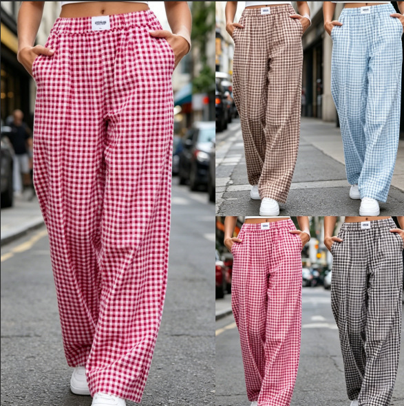European and American Cross-Border Women's Clothing 2026 Amazon New Pure Cotton Plaid Casual Loose Pocket Long Pants for Women European and American Cross-Border Women's Clothing 2026 Amazon New Pure Cotton Plaid Casual Loose Pocket Long Pants for Women