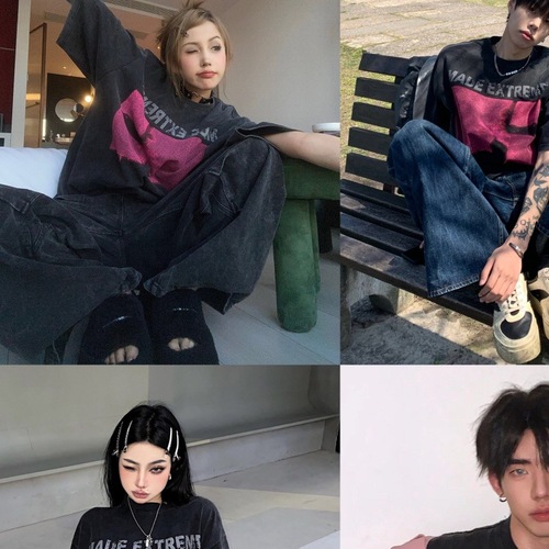 American retro couple's wash water short-sleeved T-shirt for women in summer loose street washing old niche loose top