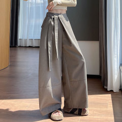 美式西装阔腿裤女2025秋冬设计感绑带高腰垂感直筒宽松休闲弯刀裤