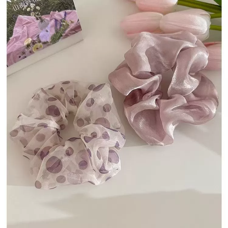 Oversized Hair Scrunchie, Purple Polka-Dot Mesh & Solid Satin, High-Elastic Durable 13 cm