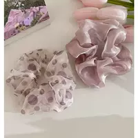 Oversized Hair Scrunchie, Purple Polka-Dot Mesh & Solid Satin, High-Elastic Durable 13 cm