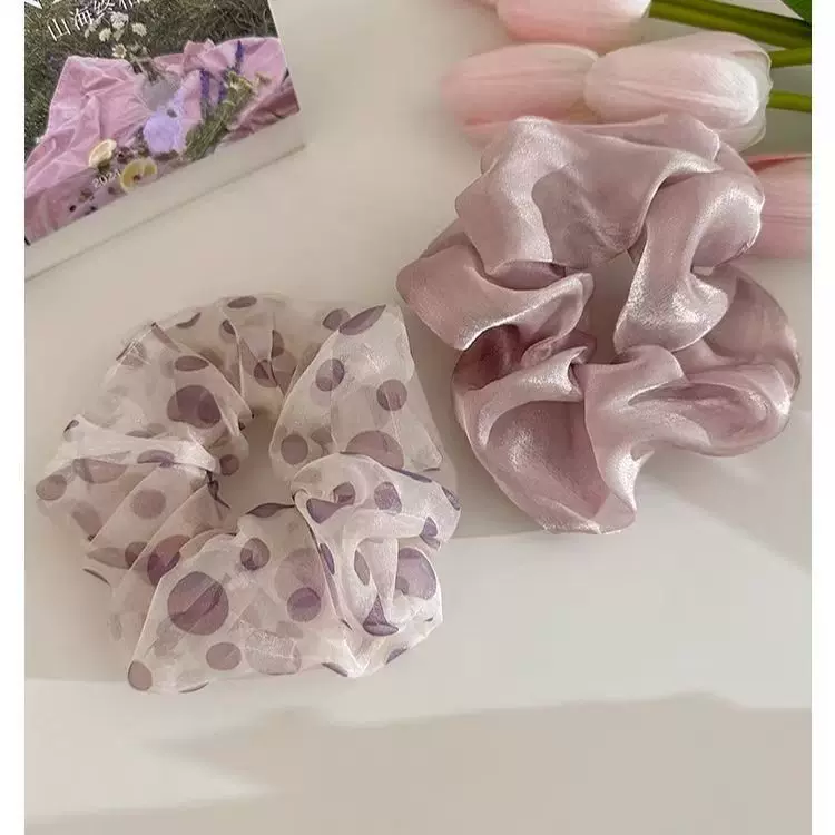 Oversized Hair Scrunchie, Purple Polka-Dot Mesh & Solid Satin, High-Elastic Durable 13 cm