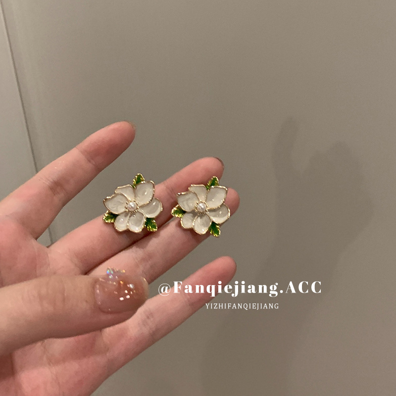 S925銀針琺瑯滴油耳釘女花朵耳環小眾設計感高級輕奢圓臉2023新款