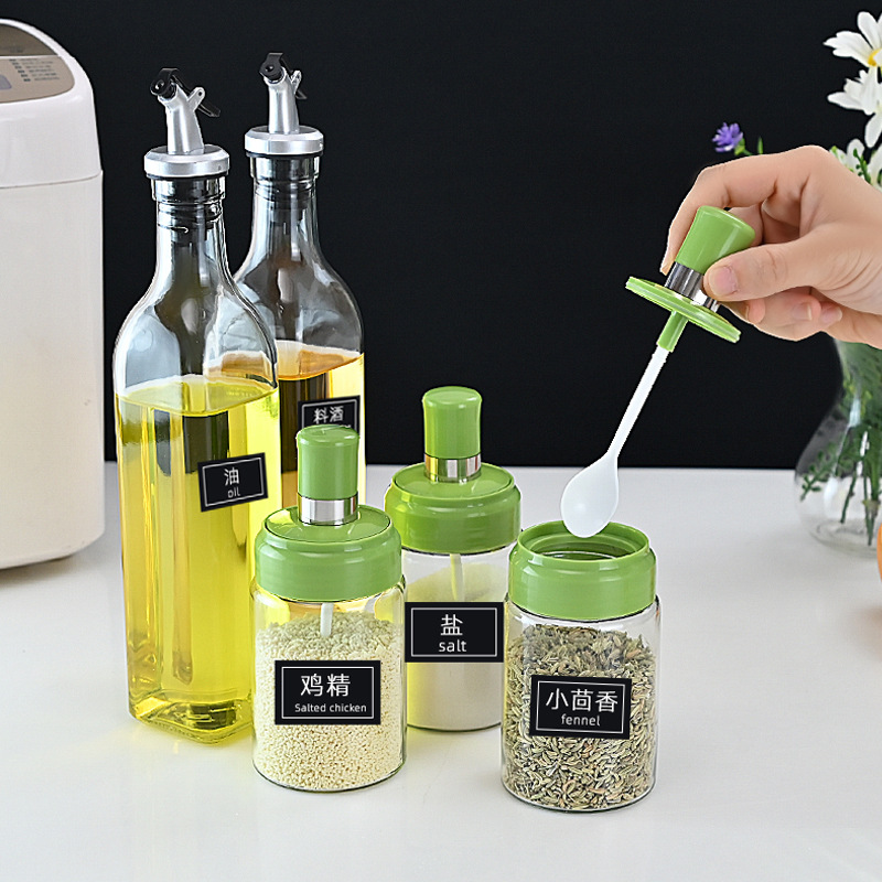Olla de aceite de vidrio de apertura y cierre automático personalizada, juego de combinación de tanque de condimento, tanque de sal, olla de aceite puntual, botella de condimento, juego de cinco piezas