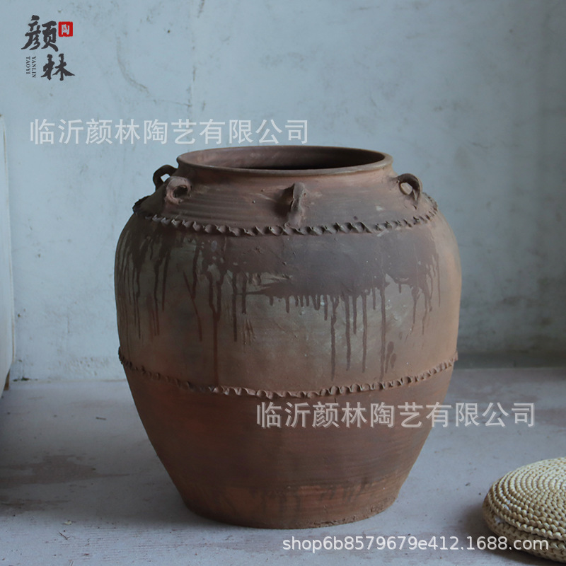 Pot de cerámica de tierra con gran estómago con orejas pot antiguo Lotus pot de suelo maceta de flores de cerámica gruesa adornos de decoración de habitaciones modelo de vivienda