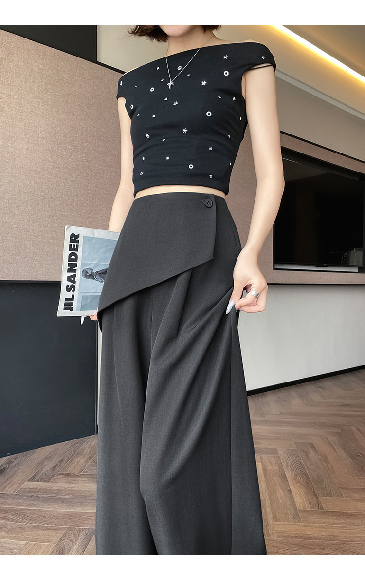 Quần culottes nữ ống rộng phối mảnh giả hai dây, cạp cao tạo dáng thon gọn — Xám kéo dài chi tiết 26