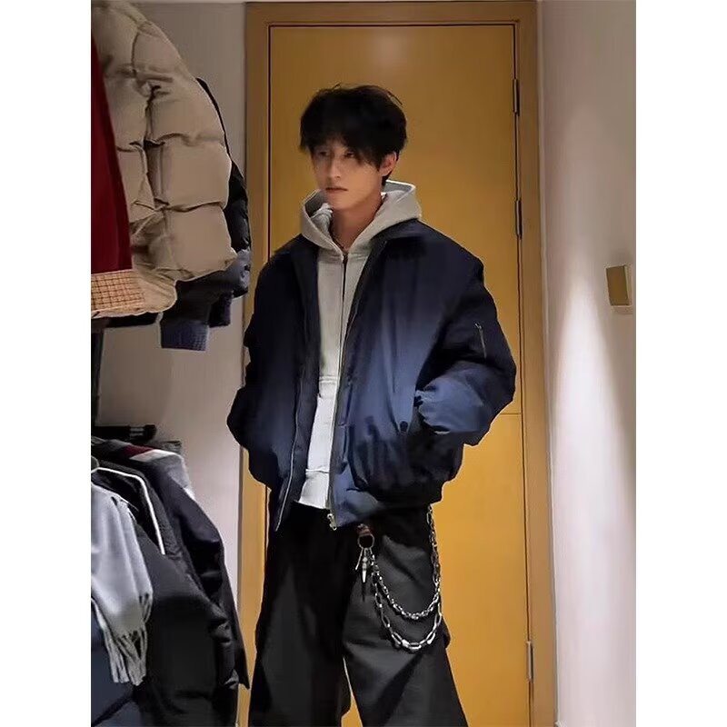 American Short Cleanfit Jacket Men's Spring & Fall Lapel Trendy Brand Handsome Navy Blue Bomber Jacket