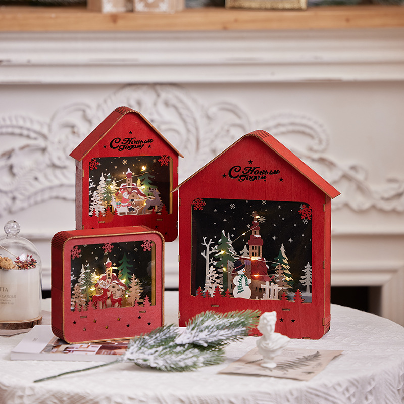 Navidad retro luminosa madera pequeña decoración de la casa colgante con luces decoración de Navidad escena disparo de props