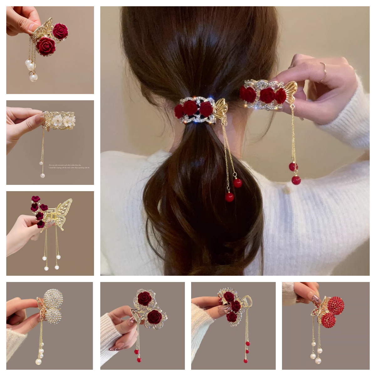 Heart Belonging Love Cherry Half Claw Clip Red Flocked Rose Plumage Small Claw Clip High Ponytail Chignon Clip