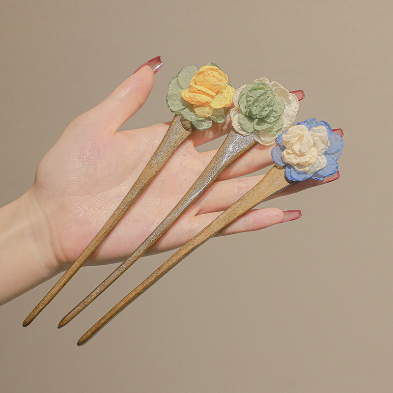 New Chinese fabric flower wood hairpin fresh temperament sweet plate hairpin antique fashion Joker hair accessories wholesale