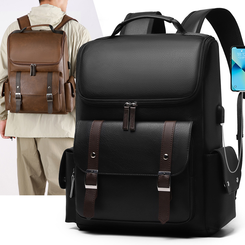 Amazon Business Large Capacity Soft PU Backpack Casual Trendy Men's School Bag Laptop Travel Backpack
