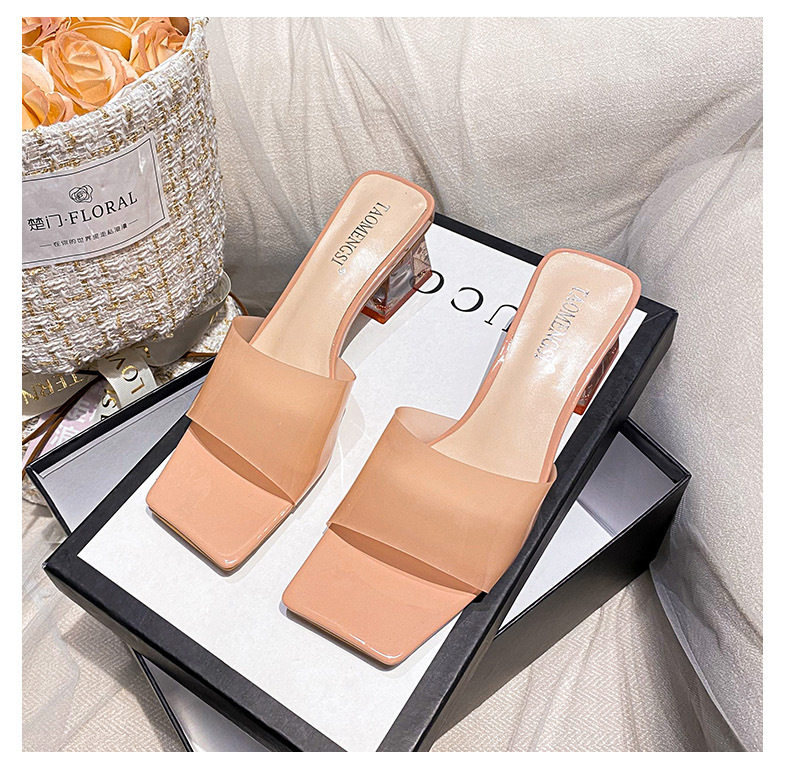 Dép sandal nữ quai ngang mũi vuông đính pha lê, đế dày gót vừa 3–5 cm — Màu bạc, Màu hồng nude, Màu mơ Nude chi tiết 23