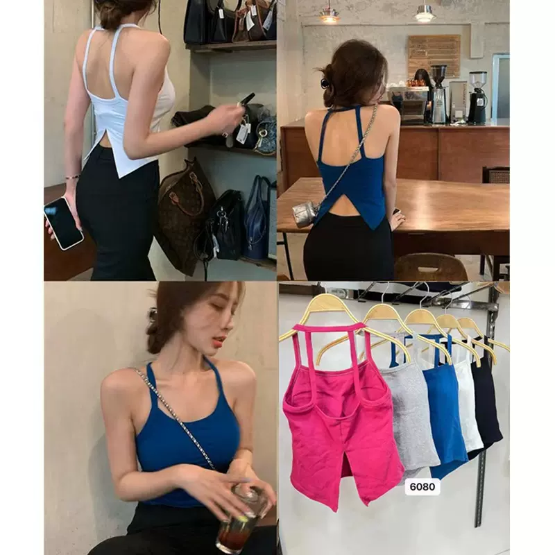 辣妹性感开叉吊带显白背心女美背内衣带胸垫外穿设计感无袖上衣潮