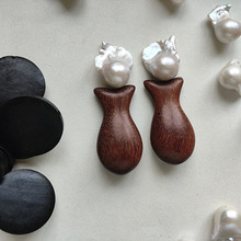 vintage中古檀木小鱼儿锦鲤吊坠天然淡水巴洛克珍珠银耳针耳环女