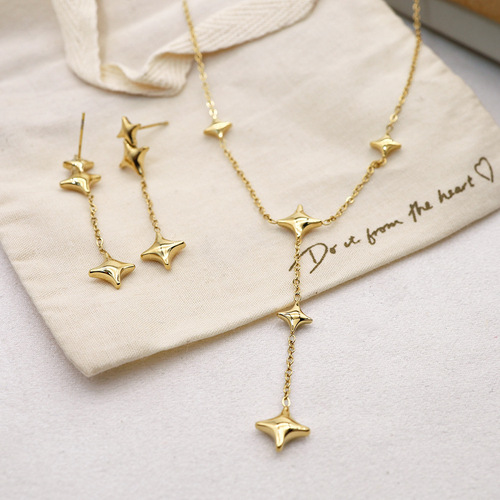 INS French fine necklace earring set 18K gold titanium steel earrings women's four-pointed star pendant clavicle chain