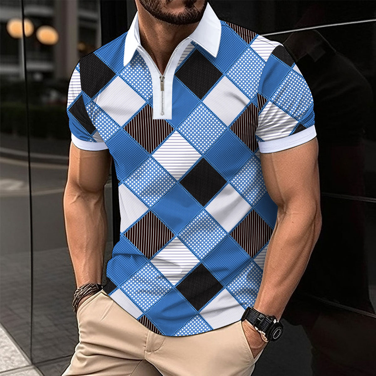 Neues Poloshirt für Herren mit kurzen Ärmeln und quadratischem Revers und Reißverschluss_voghion.com