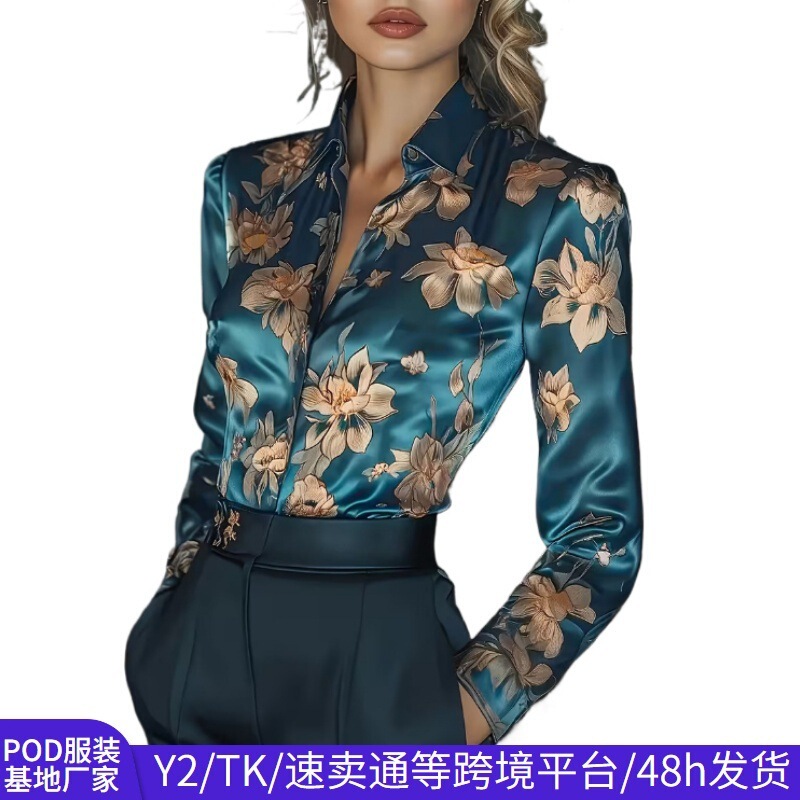 2026 New Cross-Border Style Artistic Floral Print Long-Sleeved Satin Shirt for Women, Slim Fit, Fashionable Design Satin Shirt