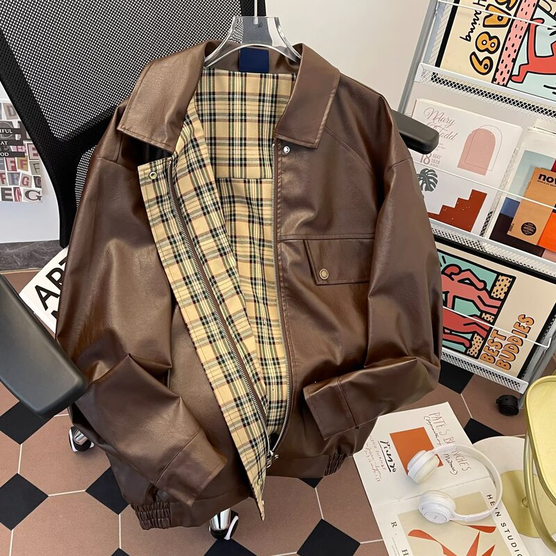 Vintage Reversible Pu Leather Jacket for Men, Short Style, Cleanfit, Lined with Plaid, Pilot Jacket with Turn-Down Collar, Trendy Vintage Reversible Pu Leather Jacket for Men, Short Style, Cleanfit, Lined with Plaid, Pilot Jacket with Turn-Down Collar, Trendy