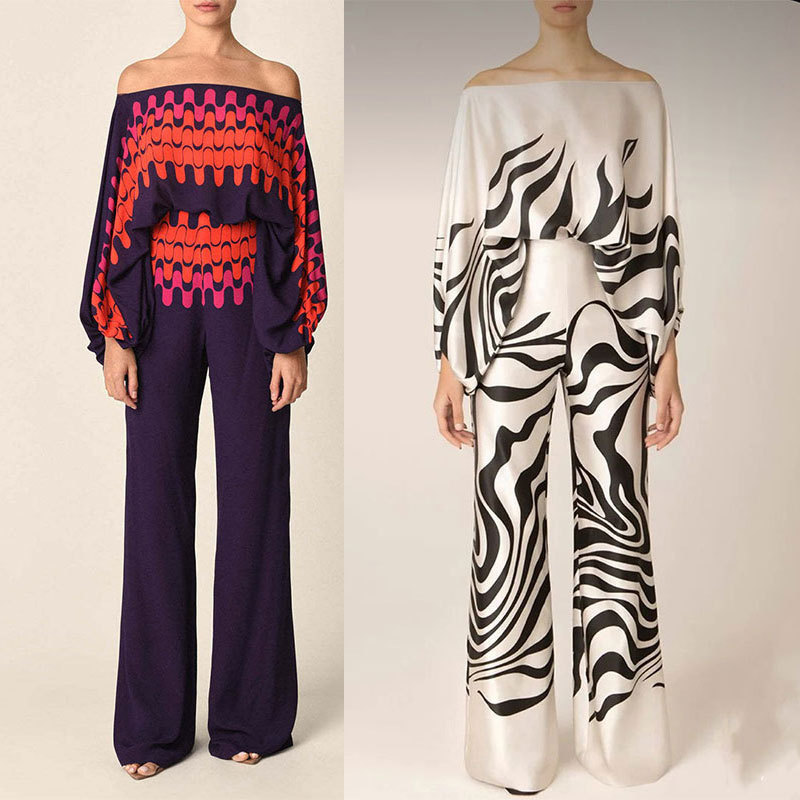 Spring New Style Women's Fashion Suit Printed Round Neck Bat Sleeve Top With Wide Leg Pants Loose Waist Design_voghion.com