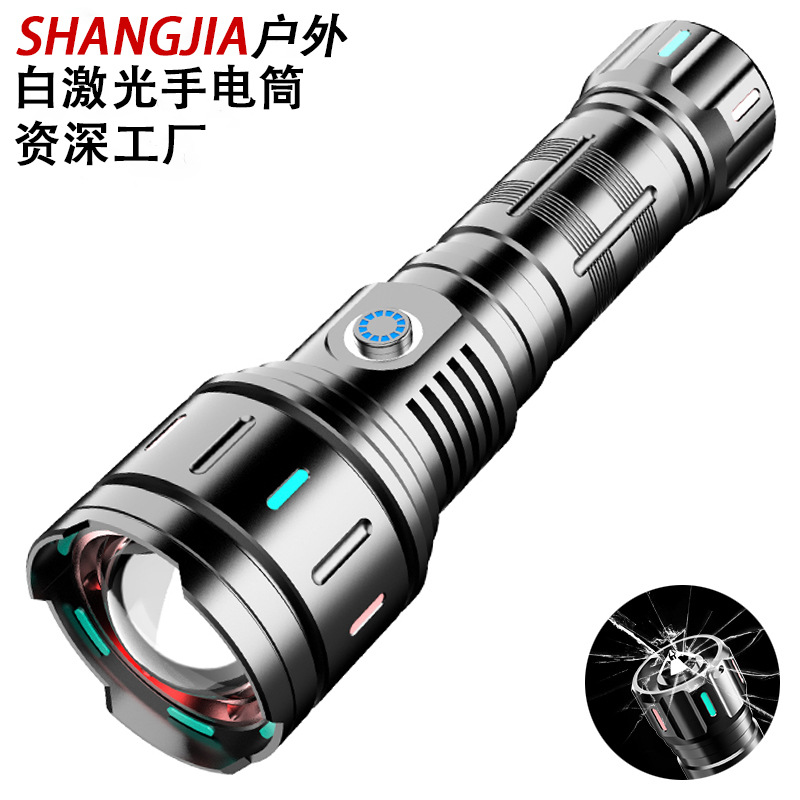 Linterna de luz fuerte transfronteriza carga TYPE-C con tira fluorescente linterna láser blanca al aire libre linterna de emergencia multifuncional