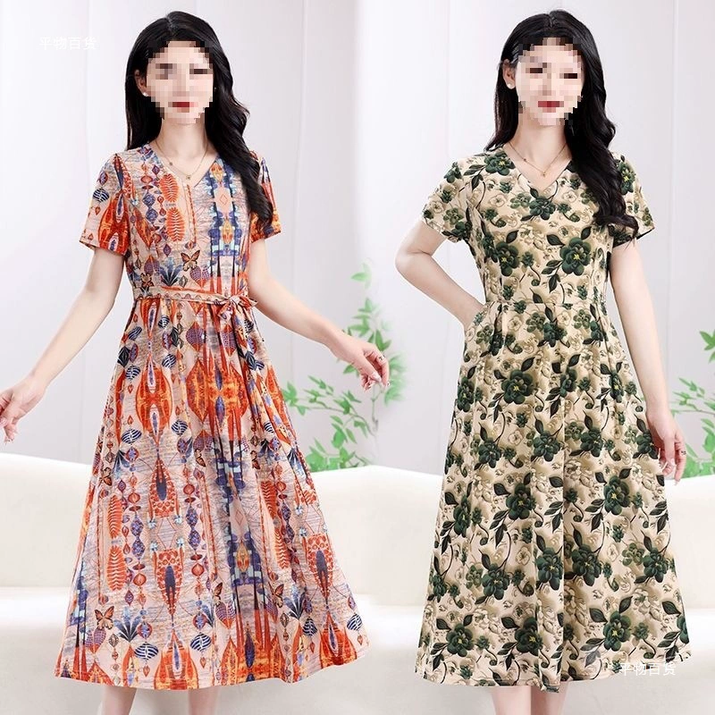 Модное и стильное летнее платье с короткими рукавами и цветочным принтом, новое облегающее модное молодежное прочное платье средней длины для мам