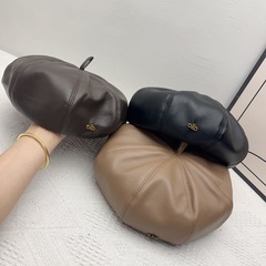 秋冬pu皮质贝雷帽2025新款复古黑色八角帽女生大帽顶文艺南瓜帽子