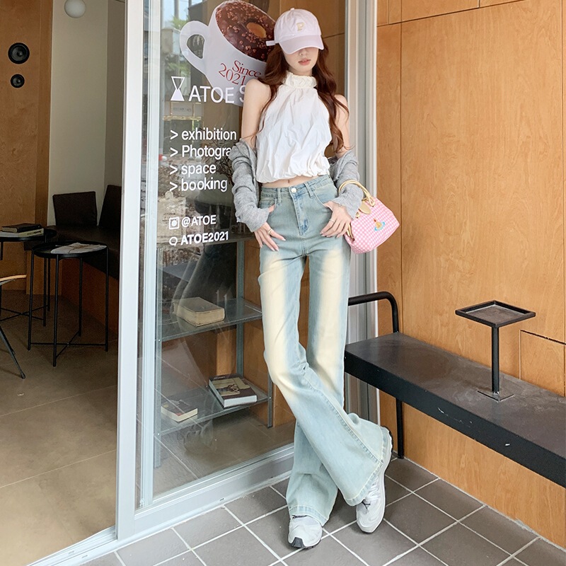 Aesthetic Accumulation: Retro Cream-Colored High-Waisted Stretchy Slimming Denim Flared Pants, Regular & Extended Length