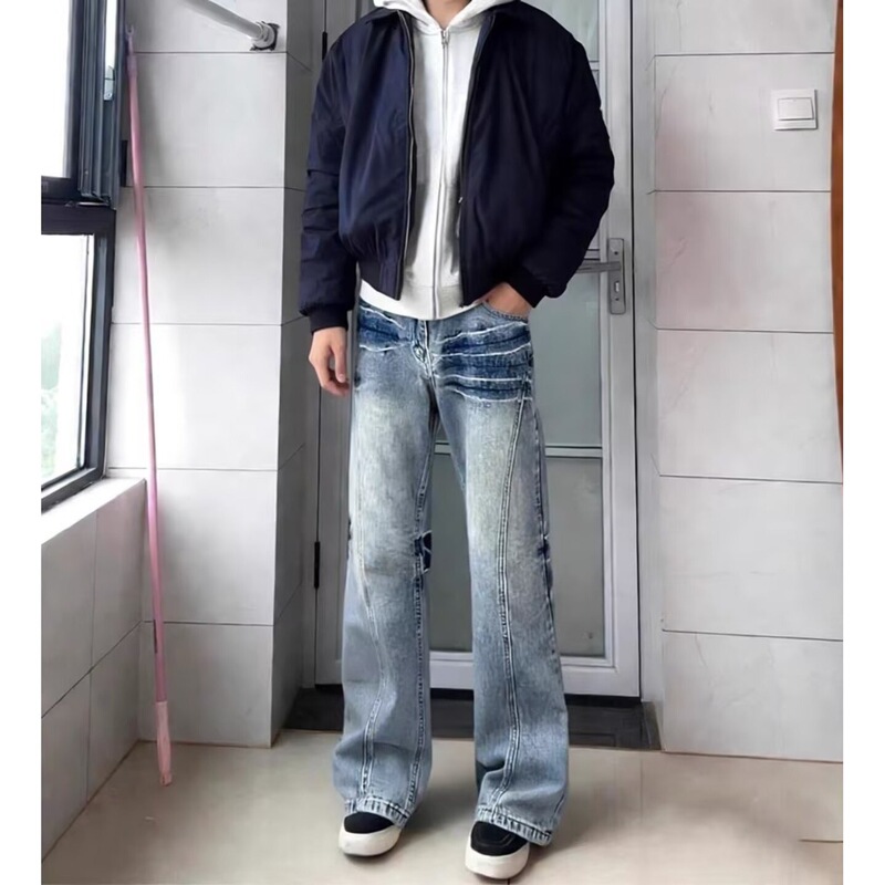 Lightning pattern jeans for men, slim-fit casual pants, vintage washed straight-leg flared jeans, men's flared jeans Lightning pattern jeans for men, slim-fit casual pants, vintage washed straight-leg flared jeans, men's flared jeans
