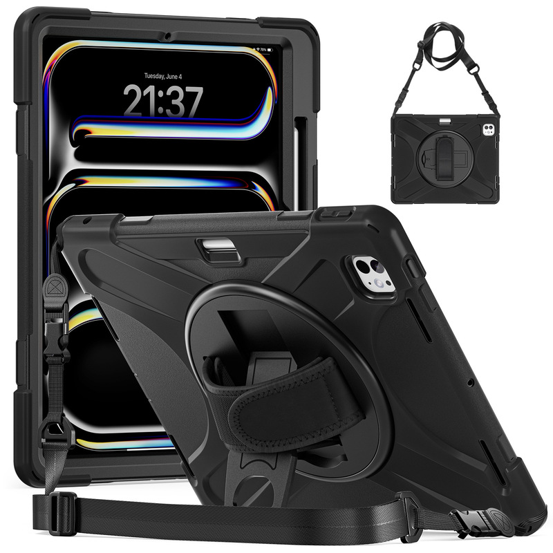 For iPad Pro13 2024 Tablet Protective Case M4 Hand Strap Strap Silicone PC Rotating Bracket Anti-drop Case