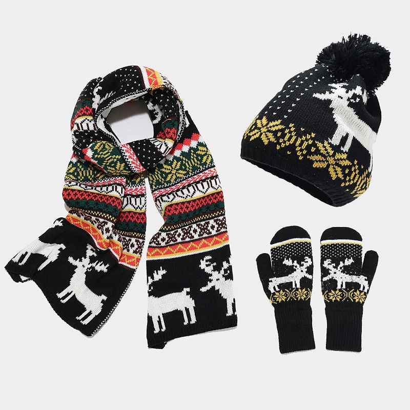 Christmas Elements New Elk Jacquard Knitted Hat, Scarf, Glove Set, Autumn and Winter Women's Warm 3-Piece Set_voghion.com