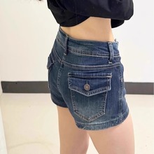 复古牛仔短裤女夏季薄款设计感美式高腰双扣显瘦a字弹力辣妹热裤
