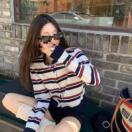 秋季打底衫长袖条纹针织衫圆领miu系小狗开衫跨境小外套女