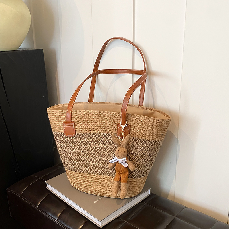 Summer Trendy Vacation Style Woven Straw Basket Bag For Women - Fashionable Versatile Shoulder Bucket Bag For Beach & Commuting - Thumbnail 6