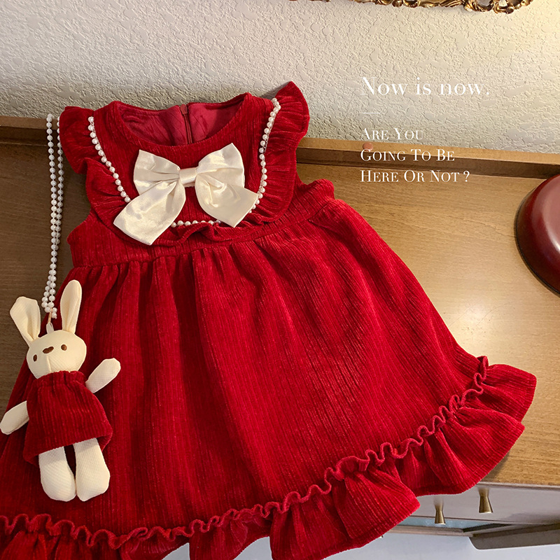 Niñas otoño e invierno conejo colgante traje de base forrado de lana bebé niñas estilo occidental dulce princesa vestido de lana forrado de dos piezas traje de moda