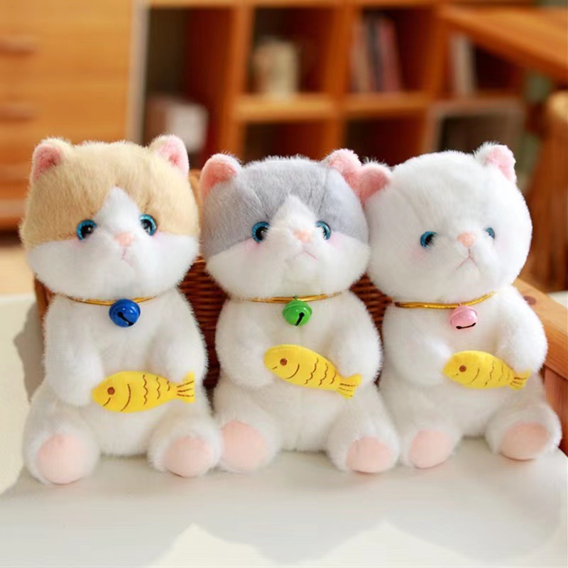 正版小猫咪毛绒玩具可爱小猫吃鱼公仔仿真猫安抚娃娃机儿童礼物