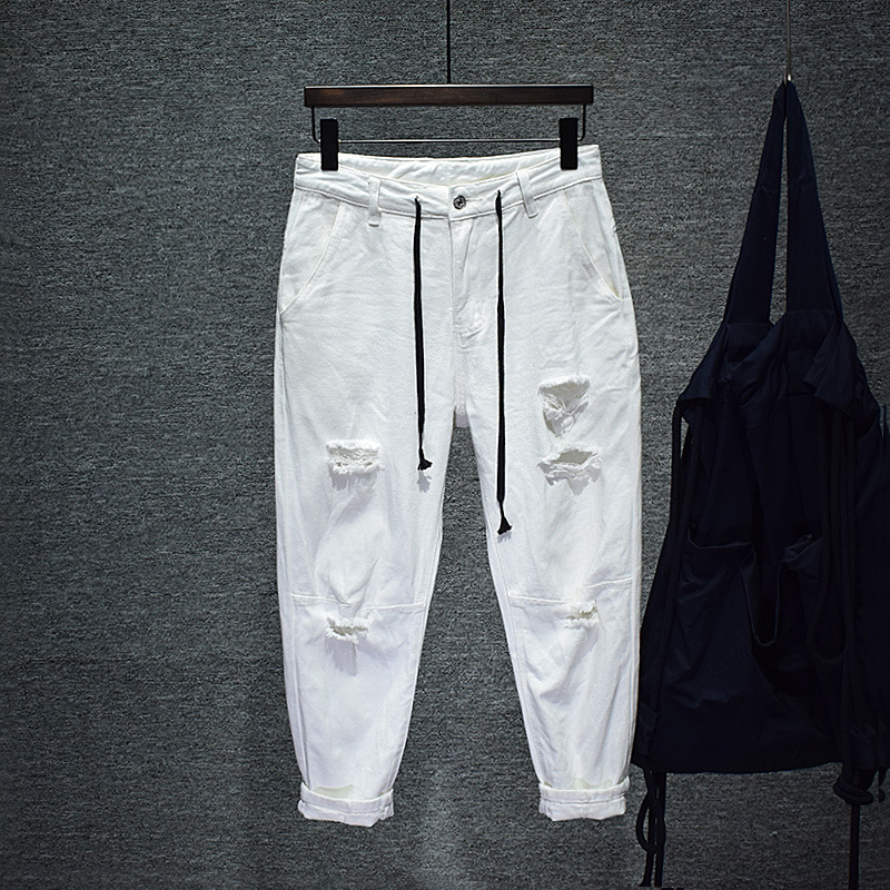 Spring and Summer 2024 New Taper Ripped Jeans Men's Loose Foot Cropped Pants Hip-Hop Harem Pants for Young People