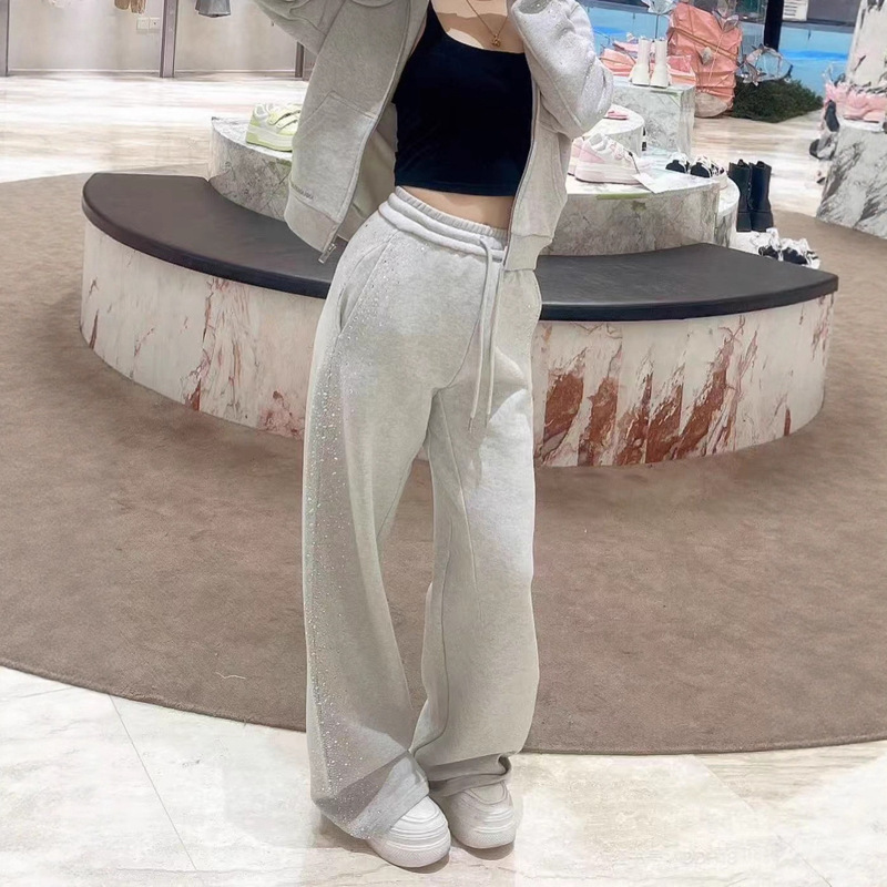 An's New Autumn and Winter Rhinestone Sports High-End Sweatpants, Loose Casual Scimitar Pants, Fashionable Versatile Pants for Women