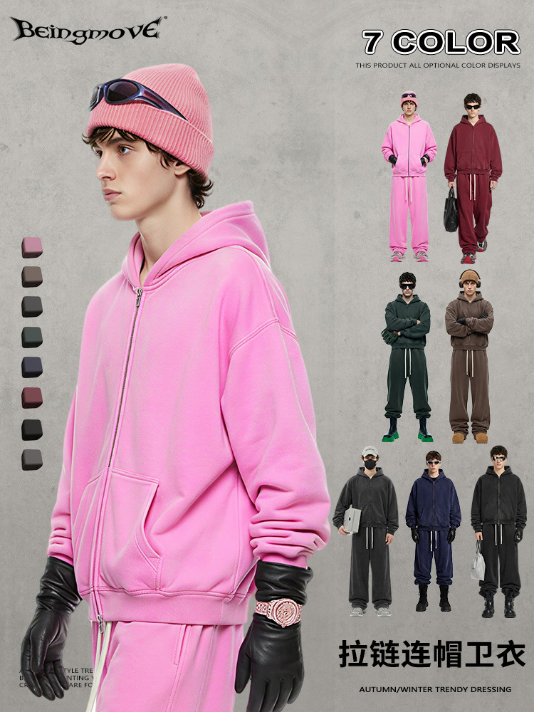 Calle secada| Otoño y invierno más vello Boxyfit corto ancho hoodie retro americano lavados con cremallera chaqueta chaqueta hombre