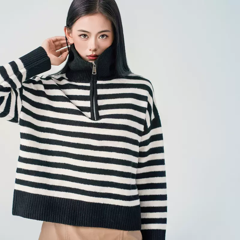 条纹半拉链翻领针织上衣女2025秋冬新款慵懒风宽松百搭毛衣外套